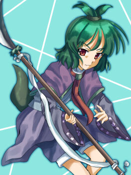 Rule 34 | 1other, 2000s (style), adagumo no saragimaru, anime coloring, aqua background, black shirt, blue outline, blue shorts, blue vest, capelet, closed mouth, commentary, cowboy shot, fang, fang out, floral print, green hair, hair ornament, high ponytail, highres, holding, holding polearm, holding weapon, japanese clothes, kurokoge karubi, leaning forward, len'en, long sleeves, naginata, necktie, nervous, outline, polearm, ponytail, purple capelet, red eyes, red necktie, shirt, short hair, short ponytail, shorts, skin fang, snake hair ornament, snake tail, solo, split ponytail, tail, vest, weapon, wide sleeves