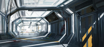 blood blood_on_ground blood_splatter blood_stain cable ceiling_light chair commentary_request hallway highres indoors no_humans original scenery swav window