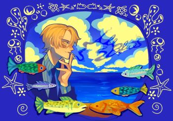 Rule 34 | 1boy, animal, arm up, bandaid, bandaid on cheek, bandaid on face, black necktie, blonde hair, cherrymi0, closed mouth, cloud, collared shirt, commentary, curly eyebrows, english commentary, english text, facial hair, fish, fish request, goatee, jacket, layered sleeves, male focus, necktie, ocean, one piece, parted hair, pinstripe pattern, pinstripe shirt, sanji (one piece), shirt, short hair, sky, smoke, smoking, solo, suit jacket, water, wing collar