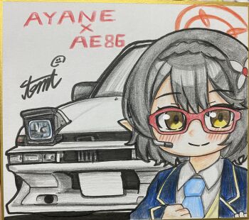 1girl absurdres ayane_(blue_archive) blue_archive blue_necktie collared_shirt commentary_request halo highres motor_vehicle necktie shikishi shirt smile solo tomimon toyota toyota_sprinter_trueno traditional_media