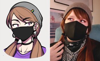 1girl artist_self-insert brown_hair collarbone earrings grey_headwear jam-orbital jewelry low_twintails mask mouth_mask pink_eyes real_life real_life_insert reference_inset self-portrait skull solo twintails