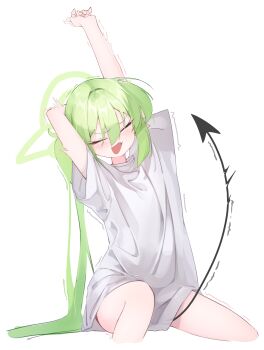 absurdres between_legs blue_archive blush closed_eyes commentary_request demon_tail fang green_hair halo highres long_hair nozomi_(blue_archive) open_mouth oversized_clothes oversized_shirt pfiff pointy_ears shirt simple_background sitting skin_fang stretching tail tail_between_legs twintails