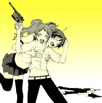 1boy 2girls androgynous atlus belt blush breasts flat_chest flat_chest_grab grabbing_another&#039;s_breast groping gun handgun hnmrk houndstooth kujikawa_rise mauser_c96 multiple_girls persona persona_4 pistol reverse_trap school_uniform shirogane_naoto short_hair small_breasts tatsumi_kanji thighhighs trigger_discipline twintails unmoving_pattern weapon yuri