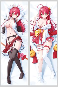 1girl absurdres ahoge asymmetrical_legwear bed_sheet bell black_garter_straps black_panties black_thighhighs breasts cleavage clothing_cutout collared_shirt commentary_request dakimakura_(medium) double-parted_bangs frilled_kimono frilled_sleeves frilled_thigh_strap frills full_body garter_straps green_eyes hair_bell hair_between_eyes hair_ornament hairclip hakama hakama_short_skirt hakama_skirt highres hololive japanese_clothes jingle_bell kimono knees_together_feet_apart large_breasts long_hair long_sleeves looking_at_viewer lying miniskirt no_bra no_shoes nyan_(reinyan_007) off_shoulder official_alternate_costume on_back one_side_up open_clothes open_shirt panties parted_lips pink_hair plaid_clothes plaid_skirt pleated_skirt red_skirt sakura_miko sakura_miko_(1st_costume) sakura_miko_(casual) shirt shoulder_cutout single_sock single_thighhigh skirt socks thigh_strap thighhighs underwear uneven_legwear virtual_youtuber white_shirt white_sleeves white_socks white_thighhighs wide_sleeves x_hair_ornament