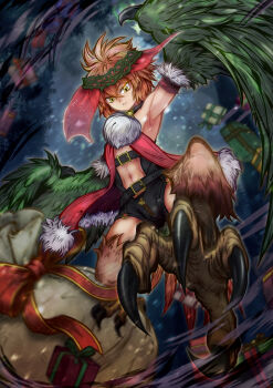 1girl bird_legs bird_tail christmas claws clothing_cutout commentary_request crown_of_thorns feathered_wings feathers green_feathers green_wings harpy highres incoming_attack monster_girl navel original red_veil shorts solo stomach_cutout sur_plus_26 tail talons veil winged_arms wings