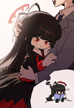 1boy 1girl absurdres ahoge black_hair black_skirt blood blood_halo blue_archive collared_shirt commentary_request formal_clothes grey_jacket halo highres hug imagining ix jacket korean_commentary liquid_halo long_hair looking_at_viewer low_wings necktie nervous_sweating reading red_eyes red_halo school_uniform sensei_(blue_archive) shirt simple_background sitting skirt suit sweat tsurugi_(blue_archive) wavy_mouth white_shirt wings
