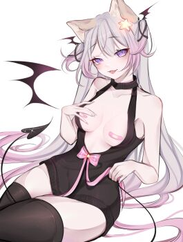 1girl absurdres animal_ears annytf bandaid bandaids_on_nipples black_dress black_thighhighs bow breasts breasts_apart commentary cowboy_shot demon_girl demon_tail demon_wings double-parted_bangs dress fingernails fox_ears fox_girl grey_hair hair_ornament hand_on_own_chest head_wings highres indie_virtual_youtuber long_hair looking_at_viewer medium_breasts multicolored_hair nail_polish open_mouth pasties pink_bow pink_nails pink_streaks purple_eyes revealing_clothes rosheil simple_background sitting smile solo star_(symbol) star_hair_ornament streaked_hair tail thighhighs two_side_up virtual_youtuber white_background wings
