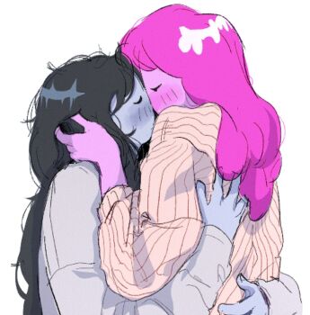 2girls adventure_time black_hair blush brown_sweater closed_eyes colored_skin grey_shirt grey_skin hand_in_another's_hair highres hug kiss long_hair marceline_abadeer multiple_girls pink_hair pink_skin princess_bonnibel_bubblegum shirt simple_background sweater white_background yumin yuri