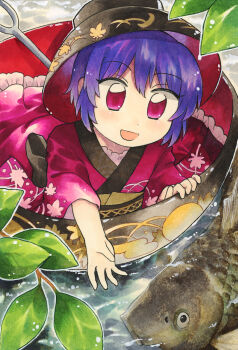 Rule 34 | 1girl, bowl, bowl hat, commentary request, fish, floating, hat, highres, in bowl, in container, japanese clothes, kimono, long sleeves, maa (forsythia1729), marker (medium), mini person, minigirl, needle, obi, open mouth, outdoors, pink eyes, pink kimono, purple hair, sash, short hair, smile, solo, sukuna shinmyoumaru, touhou, traditional media, water