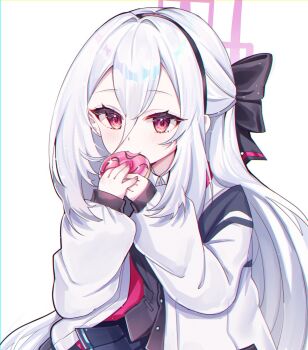 1girl black_hairband blue_archive commentary donut double-parted_bangs eating food hair_between_eyes hairband halo highres holding holding_donut holding_food jacket kei_(blue_archive) kei_(new_body)_(blue_archive) long_hair long_hair_between_eyes long_sleeves looking_at_viewer pink_halo red_eyes simple_background solo tactoki upper_body white_background white_hair white_jacket