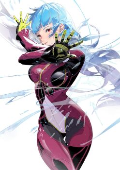 1girl blue_hair bodysuit breasts cofffee cowboy_shot cryokinesis gloves highres ice kula_diamond long_hair looking_at_viewer medium_breasts purple_eyes simple_background smile the_king_of_fighters white_background zipper