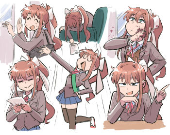 Rule 34 | 1girl, ^ ^, armchair, bag, blood, blood on clothes, blood on face, blood splatter, blue eyes, bow, brown hair, brown suit, brown thighhighs, chair, closed eyes, closed mouth, covering face, doki doki literature club, doki doki literature club school uniform, elbow rest, formal clothes, full body, hair bow, hand on own hip, high collar, holding, holding paper, long sleeves, looking at viewer, looking up, monika (doki doki literature club), multiple views, open mouth, paper, pink ribbon, pointing, pointing up, ponytail, ribbon, school uniform, shirt, shoulder bag, sidelocks, smile, suit, sweatdrop, thighhighs, tsubobot, upper body, white bow, white shirt, zettai ryouiki