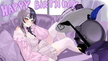 1girl absurdres black_hair braid breasts cake cake_slice cleavage closed_mouth couch daaku_(koizumi_arata) food grey_hair happy_birthday highres hololive hololive_english large_breasts long_hair looking_at_viewer low_twin_braids multicolored_hair nightgown novelites_(shiori_novella) official_alternate_costume official_alternate_hairstyle on_couch pink_nightgown shiori_novella shiori_novella_(pajamas) sitting smile split-color_hair thighhighs twin_braids two-tone_hair virtual_youtuber white_thighhighs yellow_eyes