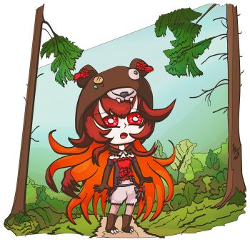 1girl bloomers brown_hair chibi chibi_only colored_inner_hair flower forest full_body grimms_notes long_hair multicolored_hair nature open_mouth projectwolfd red_eyes red_flower red_hair red_rose rose shadow_red_rose_(grimms_notes) solo underwear very_long_hair