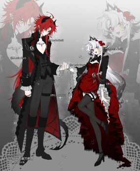 Rule 34 | 1boy, 1girl, :d, absurdres, black boots, black coat, black hair, black shoes, black sleeves, black vest, boots, bracelet, breasts, character request, cleavage, coat, commission, curly hair, demon boy, demon horns, detached collar, detached sleeves, dragon tail, dress, earrings, fangs, flower, frilled shirt collar, frills, full body, gradient background, gradient hair, grey pants, heterochromia, highres, holding hands, horns, jewelry, lace, lace-trimmed dress, lace trim, leg up, long dress, long hair, long sidelocks, long sleeves, m1n0ruwu, mark under eye, mihuashi commission, mullet, multicolored hair, multiple rings, oc x canon, open clothes, open mouth, open vest, original, pants, pointy ears, red coat, red dress, red eyes, red flower, red hair, red rose, ribbed thighhighs, ring, rose, shoes, sidelocks, sleeve cuffs, smile, striped clothes, striped thighhighs, tail, thigh harness, thigh strap, thighhighs, tiara, two-sided tailcoat, vertical-striped clothes, vertical-striped thighhighs, very long hair, very long sidelocks, vest, white hair, yellow eyes