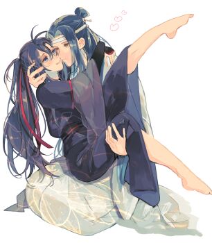 2boys ahoge amana_raika barefoot black_hair black_hanfu black_sash blue_eyes blush carrying chinese_clothes closed_mouth couple full_body hair_ribbon hanfu headband heart highres hug imminent_kiss lan_wangji leg_up licking_lips long_hair long_sleeves looking_at_another male_focus modao_zushi multiple_boys ponytail princess_carry red_ribbon red_sash ribbon robe sash sidelocks simple_background sitting sitting_on_lap sitting_on_person smile tongue tongue_out topknot wei_wuxian white_background white_hanfu white_headband wide_sleeves xiao_guan_(headdress) yaoi yellow_eyes