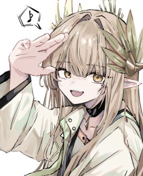 1girl :d arknights black_choker brown_hair choker commentary eighth_note elf grey_shirt highres long_hair long_sleeves looking_at_viewer moume_a muelsyse_(arknights) musical_note open_mouth pointy_ears salute shirt simple_background smile solo spoken_musical_note teeth upper_body upper_teeth_only white_background yellow_eyes