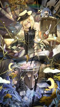 2girls absurdres animal_ears arknights artist_name ascot asymmetrical_gloves bang_dream! bang_dream!_it's_mygo!!!!! black_ascot black_dress black_gloves black_hat black_pantyhose blonde_hair blue_hair character_doll closed_mouth crescent curled_horns demon_horns detached_sleeves dog_ears doll dress envelope gloves gold_gloves half_gloves hand_on_own_knee hat highres horns looking_ahead looking_at_viewer mismatched_gloves misumi_uika misumi_uika_(caged_singer) multiple_girls no_shoes pantyhose sijinni single_sleeve sleeveless sleeveless_dress split_screen togawa_sakiko togawa_sakiko_(master_of_melodia) upside-down