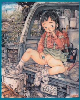 69_(meme) abandoned ankle_socks artist_name backpack bag black_eyes black_hair blush border cable car caught cleft_of_venus clothes_lift cloud comic_megaplus elephant_print embarrassed eraser fence flower full_body handbag highres license_plate loli long_hair long_sleeves looking_at_viewer magazine_(object) masturbation meme message_in_a_bottle miura_yasuto motor_vehicle name_tag non-web_source original outdoors overgrown panties panties_around_leg pen pornography pouch power_lines pussy pussy_juice randoseru red_bag ruins ruler rust shoes sitting skirt skirt_lift sky sneakers socks spread_legs sunflower suspender_skirt suspenders underwear white_panties withered