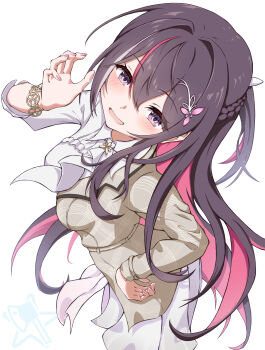 0th_generation_(hololive) 1girl absurdres azki_(4th_costume)_(hololive) azki_(hololive) blush colored_inner_hair frilled_overskirt hair_ornament hairclip highres hololive long_hair looking_at_viewer multicolored_hair open_mouth pink_hair purple_eyes smile soware streaked_hair virtual_youtuber