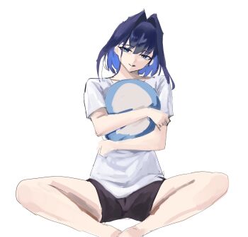 1girl alternate_costume black_shorts blue_eyes blue_hair hair_intakes highres hololive hololive_english hugging_object looking_at_viewer medium_hair ouro_kronii pillow pillow_hug shirt shorts simple_background solo spread_legs virtual_youtuber white_background white_shirt yotamono