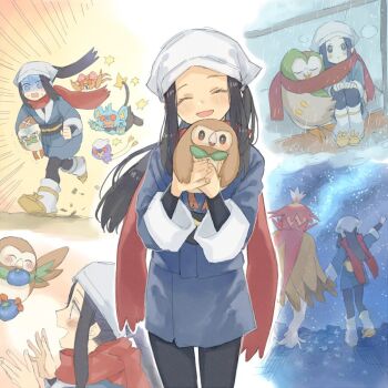 &gt;_&lt; 1girl :d @_@ ^_^ akari_(pokemon) animal berry_(pokemon) bird black_eyes black_hair black_pantyhose black_sash blue_jacket blue_skirt blush carrying carrying_under_arm closed_eyes dartrix drifloon evolutionary_line fingernails fleeing galaxy_expedition_team_survey_corps_uniform gen_1_pokemon gen_4_pokemon gen_7_pokemon hands_up hani_(udauda) headscarf hisuian_decidueye holding holding_animal holding_bird jacket legs_apart loose_socks miniskirt nintendo open_mouth oran_berry owl pantyhose paras pokemon pokemon_(creature) pokemon_legends:_arceus ponytail red_scarf rowlet running sash scarf shared_clothes shared_scarf shinx shoes skirt sky smile socks standing star_(sky) starry_sky tears turn_pale white_headscarf white_headwear white_socks yellow_shoes