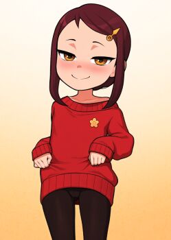 1girl becky_blackbell black_pantyhose brown_eyes brown_hair clothes_lift cosplay gradient_background highres lifting_own_clothes light_blush loli loodncrood looking_at_viewer pantyhose red_sweater sidelocks smile spy_x_family standing sweater sweater_lift yor_briar yor_briar_(cosplay)