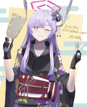 1girl absurdres alternate_costume artist_name black_fur black_gloves black_kimono blue_archive commentary_request eyes_visible_through_hair floral_print floral_print_kimono flower fur-trimmed_kimono fur_trim gloves hair_over_one_eye hands_up highres holding japanese_clothes kimono long_hair long_sidelocks m1i_i109 mechanical_ears obi object_request one_eye_closed print_kimono purple_eyes purple_flower purple_hair red_sash sash sidelocks solo translation_request utaha_(blue_archive)