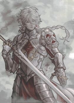 1boy aether_(genshin_impact) ahoge alternate_costume armor braid breastplate closed_mouth cloud cloudy_sky commentary cowboy_shot day earrings english_commentary faulds floating_hair full_armor gauntlets genshin_impact gold_armor grey_armor hair_between_eyes hair_ornament half-closed_eyes hand_up highres holding holding_sword holding_weapon jewelry knight lips long_hair looking_down low-braided_long_hair low-tied_long_hair male_focus outdoors pants partially_colored pauldrons red_pants shoulder_armor single_braid single_earring sky solo standing star_(symbol) star_earrings sword tedlybinn watermark weapon