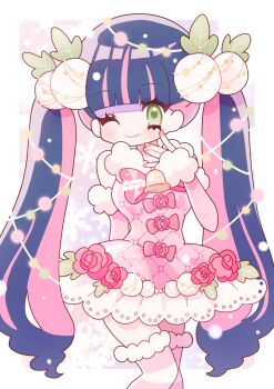 1girl bow bow_flower breasts colored_inner_hair commentary_request daikon dress flower fur-trimmed_sleeves fur_trim green_eyes highres long_hair multicolored_hair one_eye_closed panty_&amp;_stocking_with_garterbelt pink_bow pink_dress pink_flower pink_nails pink_rose pink_streaks purple_hair radish rose smile snowflakes stocking_(psg) string_lights striped_clothes striped_thighhighs thighhighs tukinoyoru336