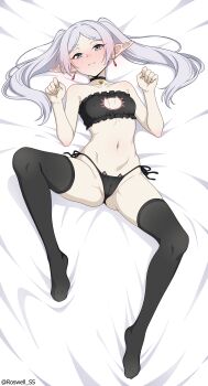 1girl absurdres bed_sheet black_bra black_choker black_panties black_thighhighs bra breasts cameltoe cat_cutout cat_lingerie choker cleavage_cutout clothing_cutout covered_erect_nipples earrings elf frieren full_body green_eyes highres jewelry lying navel on_back panties petite pointy_ears roswell_ss small_breasts solo sousou_no_frieren stomach thighhighs underwear underwear_only white_hair