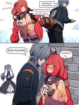 1boy 2girls :o absurdres ahoge ascot black_hat black_pants black_sailor_collar black_shirt black_skirt blue_jacket blush bow bowtie braid braided_twintails breasts cardigan center_frills cityscape dorahdew dress drill_hair english_text frilled_hairband frilled_sleeves frills green_eyes grey_hair grin hair_bow hair_ornament hairband hands_on_own_head hat heart heart_print highres instant_loss jacket kabedon kamanosuke_(zenless_zone_zero) kneeling leaning_forward long_hair long_sleeves low_twintails medium_breasts multiple_girls open_clothes open_jacket open_mouth pants pantyhose pink_cardigan purple_hair raccoon_tail red_hair sailor_collar shirt short_hair simple_background skirt smile speech_bubble sphere_hair_ornament sweater tail tanuki teasing teeth thigh_strap thighhighs twintails ukinami_yuzuha very_long_hair vivian_banshee white_background white_bow white_dress wise_(zenless_zone_zero) zenless_zone_zero