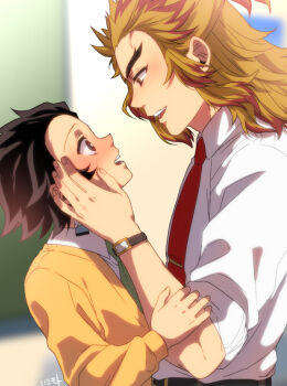 2boys alternate_costume belt black_belt black_hair blonde_hair blurry blurry_background blush brown_eyes collared_shirt colored_tips commentary_request contemporary earrings eye_contact forked_eyebrows from_side green_necktie hair_slicked_back hand_on_another's_cheek hand_on_another's_face hashimoto_(yanagi-momo) height_difference jewelry kamado_tanjirou kimetsu_no_yaiba long_hair long_sleeves looking_at_another male_focus multicolored_hair multiple_boys necktie open_mouth profile red_eyes red_hair red_necktie rengoku_kyoujurou school_uniform shirt short_hair signature sleeves_rolled_up smile streaked_hair sweater teacher teacher_and_student thick_eyebrows two-tone_hair upper_body watch white_shirt wristwatch yaoi yellow_eyes yellow_sweater