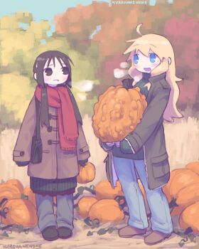 2girls absurdres artist_name bag black_eyes black_hair black_shoes blonde_hair blue_eyes breath brown_shoes chito_(shoujo_shuumatsu_ryokou) coat denim duffel_coat green_sweater highres holding holding_pumpkin jacket jeans kurohanenone long_hair low_twintails multiple_girls open_mouth outdoors pants pumpkin red_scarf scarf shoes shoujo_shuumatsu_ryokou shoulder_bag sweater tree twintails wheat yuuri_(shoujo_shuumatsu_ryokou)