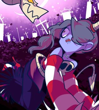 1boy 1girl 2018 angry bare_shoulders blue_skin colored_skin commentary commission constricted_pupils detached_collar detached_sleeves dress feather_trim foreshortening fur-trimmed_sleeves fur_trim graveyard korean_commentary leviathan_(skullgirls) looking_at_viewer midair no_pupils object_through_head open_mouth purple_hair purple_skirt purple_sky red_dress red_eyes red_sleeves red_trim side_ponytail simple_background skirt skullgirls sky squigly_(skullgirls) stitched_face stitches striped_clothes striped_thighhighs surprised thighhighs tombstone torn_clothes tripping u_sihoo undead white_sleeves white_trim zombie zombie_girl