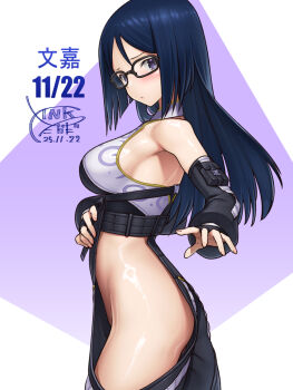1girl alice_gear_aegis black-framed_eyewear blue_hair breasts clothing_cutout dated detached_sleeves fingerless_gloves from_side glasses gloves hip_vent long_hair looking_at_viewer medium_breasts momoshina_fumika no_panties purple_eyes signature solo takada_kazuhiro