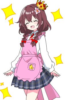 1girl :d ^_^ apron blue_skirt blush bow braid brown_hair closed_eyes collared_shirt commentary_request cowboy_shot crown dot_nose flower hair_bow hair_flower hair_ornament kotatsu-mazoku long_hair long_sleeves necktie open_mouth original pink_apron pink_apron_girl_(kotatsu-mazoku) plaid_clothes plaid_skirt pleated_skirt red_bow red_necktie school_uniform shirt simple_background skirt smile solo sparkle striped_necktie twin_braids white_background white_shirt