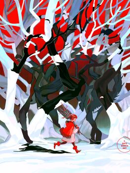 1girl 1other bare_tree berry big_bad_wolf branch closed_eyes coat commentary dress english_commentary english_text fangs little_red_riding_hood_(fairy_tale) little_red_riding_hood_(fairy_tale_character) living_shadow loika pantyhose pink_dress red_coat red_footwear red_hair red_sky shadow sky snow tree white_tree