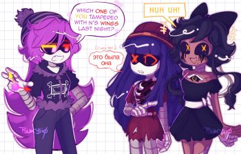 3girls absurdres artist_name asymmetrical_eyelashes beanie black_bow black_bowtie black_dress black_hair black_hat black_jacket blue_hair bow bowtie colored_eyelashes cyn_(murder_drones) doll_(murder_drones) dress english_text extra_hands eye_print face_filter fewer_digits frilled_vest frills fur_hat hat highres humanoid_robot jacket joints long_hair low-tied_sidelocks machine mechanical_arms mechanical_hands multicolored_eyes multiple_girls murder_drones open_mouth pants pom_pom_(clothes) pom_pom_beanie puffy_short_sleeves puffy_sleeves purple_eyes purple_hair red_eyes robot robot_joints russian_text screen short-sleeved_jacket short_hair short_hair_with_long_locks short_sleeves sidelocks simple_background skirt small_pupils tsukyiio two-tone_hat uzi_(murder_drones) very_long_hair vest yellow_eyes