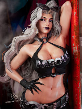 3d arm_behind_head armpits billyhhyb black_cat_(marvel) black_cat_(urban_predator)_(marvel) black_gloves black_lips breasts cleavage commentary crop_top eyewear_on_head felicia_hardy gloves grey_hair halterneck hand_on_own_hip highres huge_breasts long_hair looking_at_viewer marvel marvel_rivals miniskirt mole mole_under_mouth o-ring o-ring_top official_alternate_costume skirt spider-man_(series) sunglasses toned toned_female very_long_hair