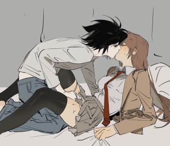 1boy 1girl akmizuk bags_under_eyes black_hair blazer blue_pants brown_hair closed_eyes collared_shirt death_note fingering genderswap genderswap_(mtf) jacket kiss l_(death_note) long_hair long_sleeves panties pants panty_pull pleated_skirt shirt short_hair skirt thighhighs underwear white_shirt yagami_light