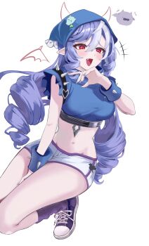 absurdres blue_hat blue_shirt breasts commentary crop_top fang hat highres jyn_jyn large_breasts long_hair midriff navel open_mouth pointy_ears purple_hair purple_shoes purple_socks red_eyes shirt shoes short_shorts shorts simple_background smile socks spiked_wristband symbol-only_commentary vivian_banshee white_background white_shorts zenless_zone_zero