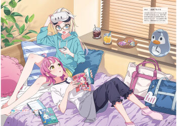 2girls :o ahoge analog_clock artist_name bag barefoot bedroom black_pants blonde_hair blue_bag blue_eyes blue_hair blue_hoodie blunt_bangs blunt_ends blush book candy character_name clock controller cup drinking_glass fang food frilled_pants frilled_pillow frills game_controller gradient_hair grey_shirt hair_down head-mounted_display highres holding holding_book holding_controller holding_game_controller hood hoodie in-franchise_crossover indoors katoh_akatsuki kishimen_hair knees_up light_blue_hair link!_like!_love_live! long_hair long_shirt looking_at_another love_live! love_live!_days:_love_live!_general_magazine love_live!_nijigasaki_high_school_idol_club lying medium_hair multicolored_hair multiple_girls non-web_source official_art on_back on_bed open_book open_mouth osawa_rurino page_number pants pillarboxed pillow pink_hair pink_socks plant school_bag shirt short_sleeves shorts sitting three-quarter_sleeves socks tennoji_rina translation_request virtual_youtuber white_bag window_blinds yellow_eyes yellow_shorts