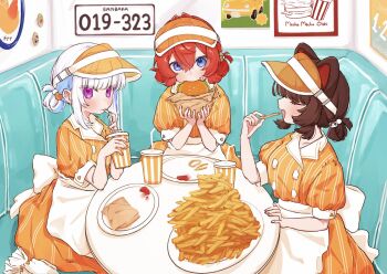 Rule 34 | 3girls, 3znk, alternate costume, ange katrina, animal ears, animal hair ornament, apron, back bow, blue eyes, blue hair, blush, booth seating, bow, brown hair, burger, buttons, character hair ornament, closed eyes, colored inner hair, commentary request, contrast lapels, cup, disposable cup, dog ears, double-breasted, double bun, dress, drinking, eating, elbow rest, fast food, food, food on face, french fries, gloves, group name, hair between eyes, hair bun, hair intakes, hair ornament, hands up, highres, holding, holding burger, holding cup, holding food, holding straw, inui toko, lapels, license plate, lize helesta, looking at viewer, mandragora (ange katrina), multicolored hair, multiple girls, nijisanji, orange dress, plate, puffy short sleeves, puffy sleeves, purple eyes, red hair, sanbaka (nijisanji), sebastian piyodore, short sleeves, sidelocks, sitting, striped clothes, striped dress, table, too much food, two-tone hair, unworn gloves, vertical-striped clothes, vertical-striped dress, virtual youtuber, visor cap, waist apron, waitress, white apron, white hair