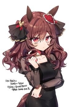 1girl animal_ears black_dress blush breasts brown_hair buchu14569590 closed_mouth collarbone dress ear_covers ear_ornament gentildonna_(umamusume) hair_between_eyes hair_ornament hair_rings heart-shaped_ornament heart_ear_ornament highres horse_ears horse_girl horse_tail large_breasts long_hair long_sleeves looking_at_viewer red_eyes simple_background solo tail umamusume white_background