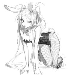 Rule 34 | 1girl, all fours, animal ear headband, animal ears, breasts, cleavage, detached collar, fake animal ears, fishnet pantyhose, fishnets, high heels, highres, leotard, long hair, looking at viewer, messy hair, o0oggwa, original, pantyhose, playboy bunny, rabbit ears, rabbit tail, solo, strapless, strapless leotard, tail, tongue, tongue out