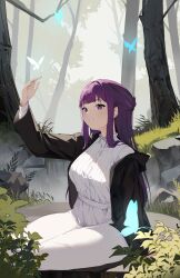 Rule 34 | 1girl, absurdres, arm up, blue butterfly, breasts, bug, bush, butterfly, dress, fern (sousou no frieren), forest, grass, highres, insect, large breasts, long hair, nature, parted lips, purple eyes, purple hair, sidelocks, sitting, solo, sousou no frieren, steeb, straight hair, tree, very long hair, white butterfly, white dress