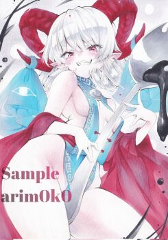 1girl arim0k0 blue_dress breasts commentary_request contrapposto corrupted_twitter_file covered_navel cowboy_shot curly_hair detached_sleeves dress earrings eye_print grin highres holding holding_spork hoop_earrings horns jewelry looking_at_viewer medium_hair no_panties oversized_object pelvic_curtain petroleum pointy_ears red_eyes red_horns red_sleeves sample_watermark sharp_teeth sheep_horns sideless_dress small_breasts smile solo spork teeth touhou toutetsu_yuuma v-shaped_eyebrows watermark white_hair