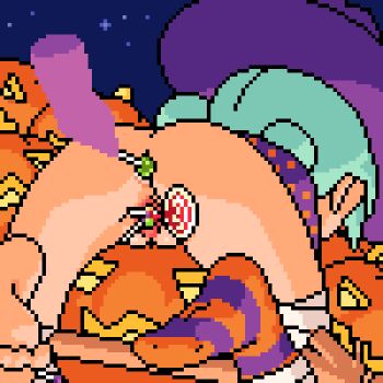 1girl akai_(ugokashitari) anal anal_object_insertion animated animated_gif anus ass bandages candy double_bun female_focus food hair_bun hat loli lollipop lowres night object_insertion original pixel_art polka_dot pumpkin pussy shooting_star single_sock socks solo solo_focus star_(symbol) striped_clothes striped_socks thighhighs vaginal vaginal_object_insertion witch_hat