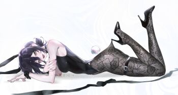 1girl absurdres alternate_costume animal_ear_hairband animal_ears black_leotard breasts chainsaw_man fake_animal_ears fake_tail green_eyes hair_between_eyes hair_bun hairband high_heels highleg highleg_leotard highres hooked_on_heel lace_pantyhose lace_pantyhose_hooked_on_heel_(meme) leotard looking_at_viewer lying meme nightielie on_stomach playboy_bunny purple_hair rabbit_ear_hairband rabbit_ears rabbit_tail reze_(chainsaw_man) small_breasts solo tail the_pose thigh_strap white_background wrist_cuffs